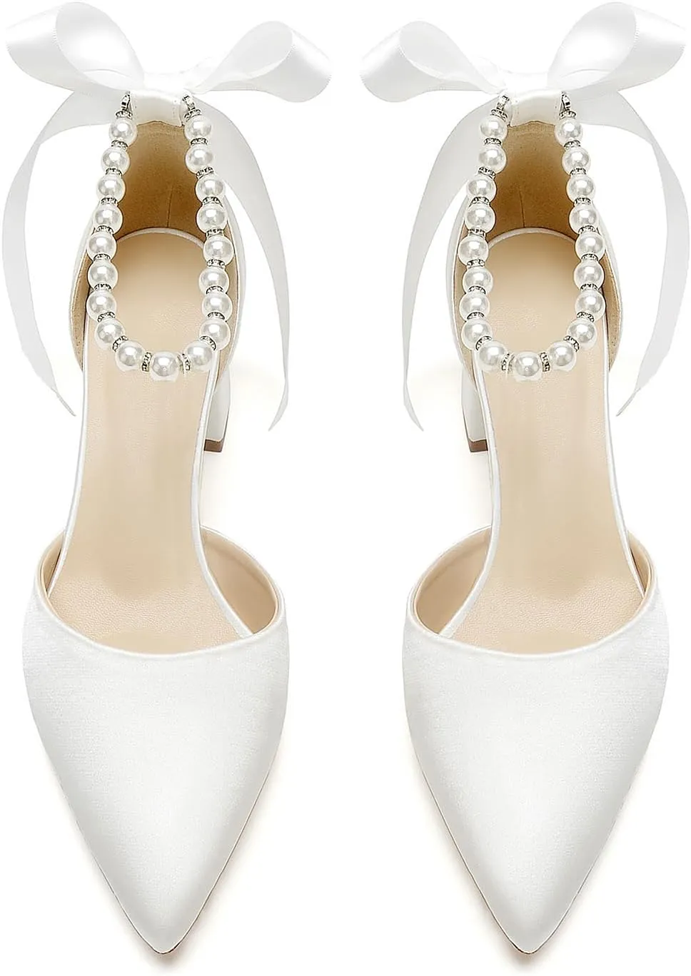 Women Block Pointed Toe Low Chunky Heels with Pearls Pumps Satin Bridal Shoes Evening Party Dress Shoes