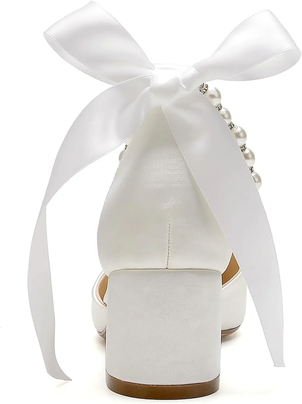 Women Block Pointed Toe Low Chunky Heels with Pearls Pumps Satin Bridal Shoes Evening Party Dress Shoes