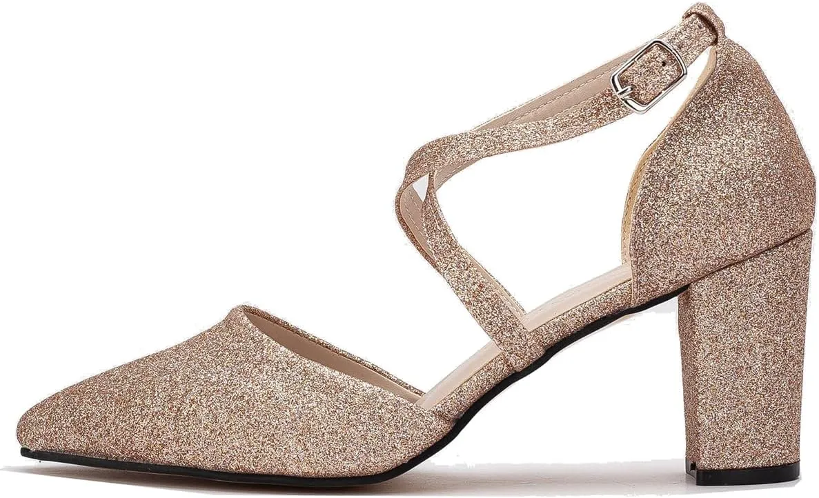 Women Chunky Block High Heel Mary Jane Pumps Shoes Criss-Cross Ankle Strap Closed Pointed Toe Cut-Out Dress Sandals Velvet Glitter Mary Jane Heels Buckle Office Party Dance Shoes 4-11 M US