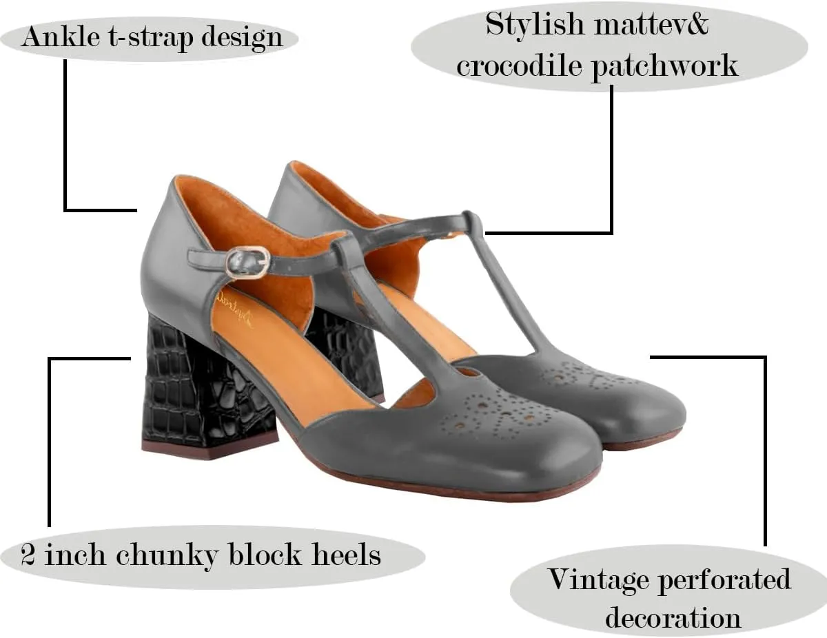 Women Chunky Heel Mary Jane Pumps Ankle T-Strap Mary Jane Heels Square Toe Crocodile Two Tone Dress Heeled Sandals 2” Block Heel Mary Janes Cut Out Sandals Patchwork Party 4-11 M US