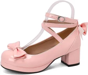 Women Lolita Pumps Comfortable Chunky Medium Heel Kawaii Platform Shoes Strappy Bowknot Decort
