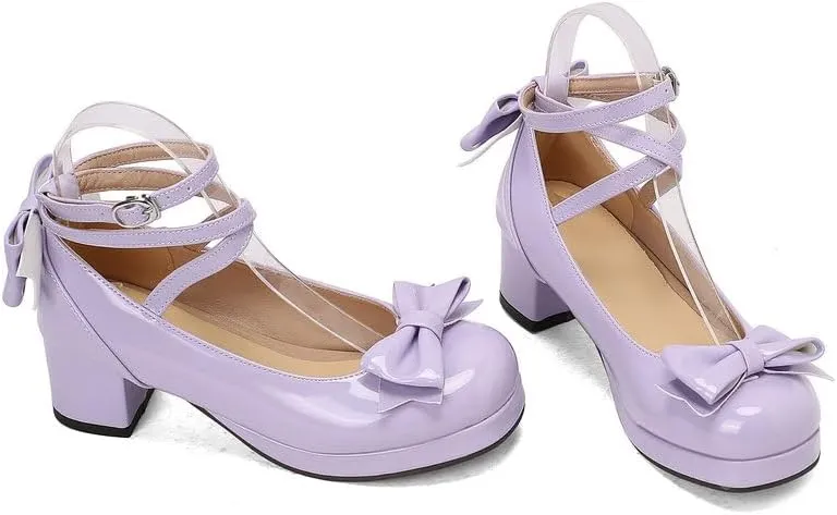 Women Lolita Pumps Comfortable Chunky Medium Heel Kawaii Platform Shoes Strappy Bowknot Decort