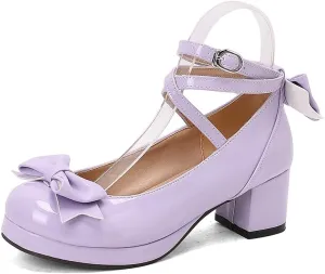 Women Lolita Pumps Comfortable Chunky Medium Heel Kawaii Platform Shoes Strappy Bowknot Decort