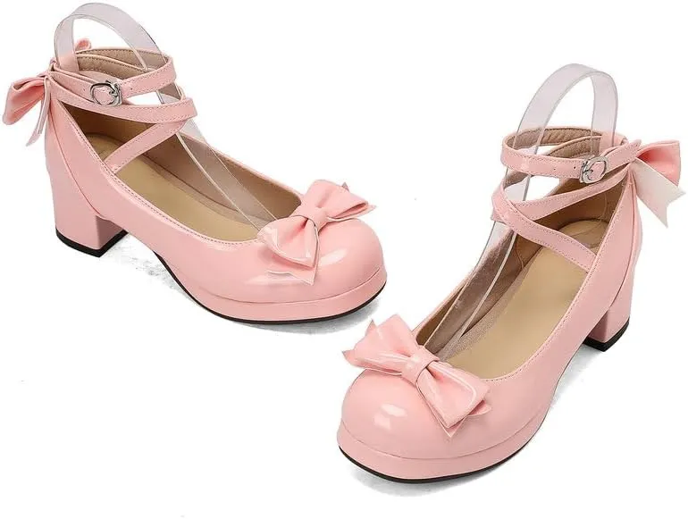 Women Lolita Pumps Comfortable Chunky Medium Heel Kawaii Platform Shoes Strappy Bowknot Decort