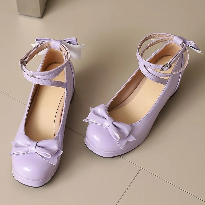 Women Lolita Pumps Comfortable Chunky Medium Heel Kawaii Platform Shoes Strappy Bowknot Decort