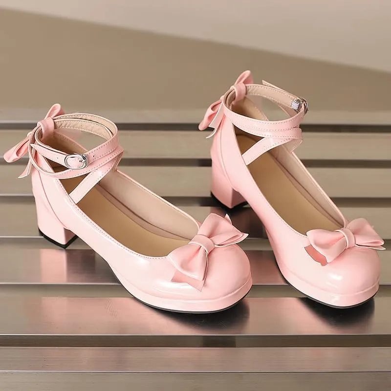 Women Lolita Pumps Comfortable Chunky Medium Heel Kawaii Platform Shoes Strappy Bowknot Decort