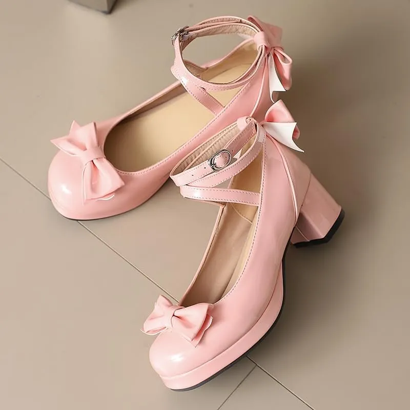 Women Lolita Pumps Comfortable Chunky Medium Heel Kawaii Platform Shoes Strappy Bowknot Decort