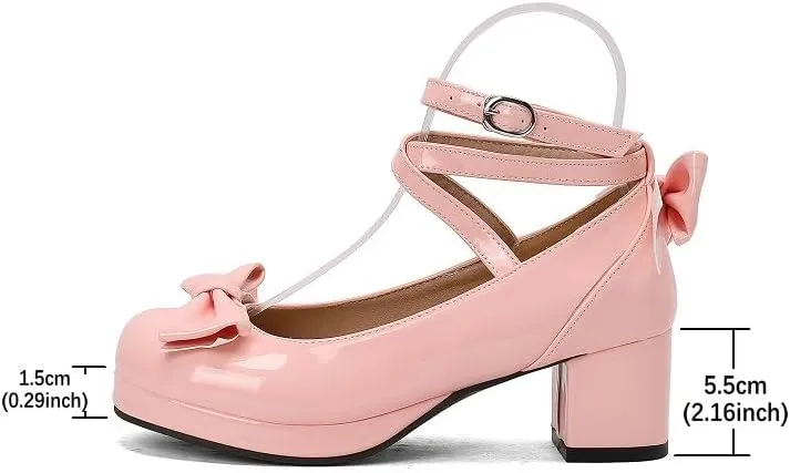 Women Lolita Pumps Comfortable Chunky Medium Heel Kawaii Platform Shoes Strappy Bowknot Decort