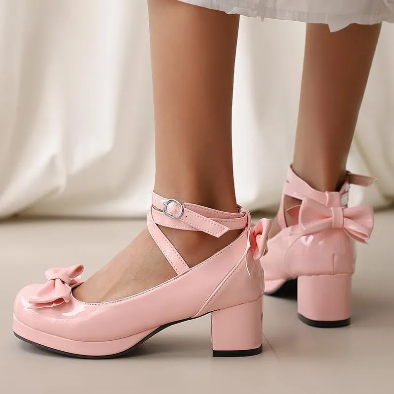 Women Lolita Pumps Comfortable Chunky Medium Heel Kawaii Platform Shoes Strappy Bowknot Decort