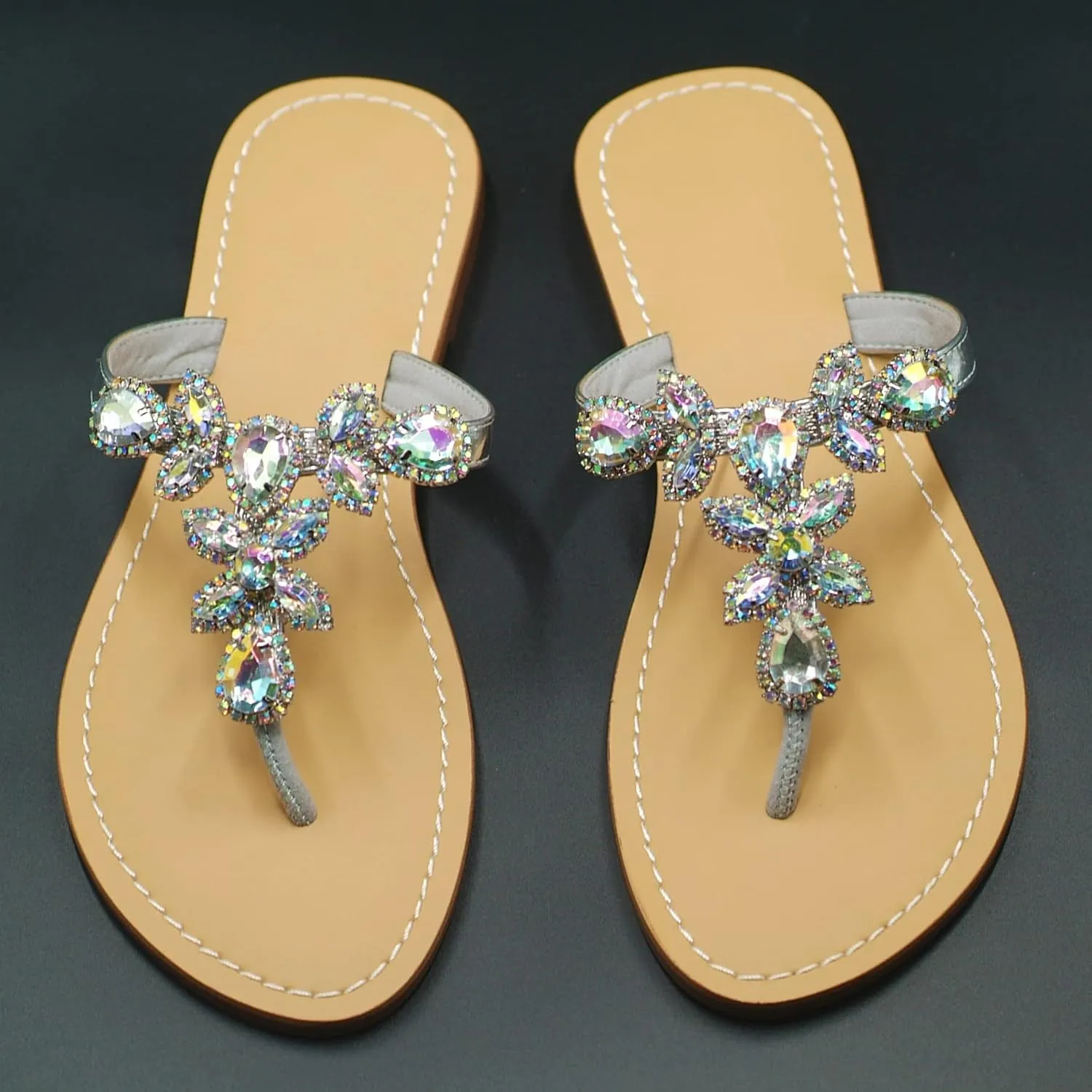 Women Sparkly Jeweled Thong Boho Sandals Bling Rhinestone Flip Flops with Crystal Diamond Flat Fancy Sandalias Gem Bohemian Beach Wedding Sandals Shoes