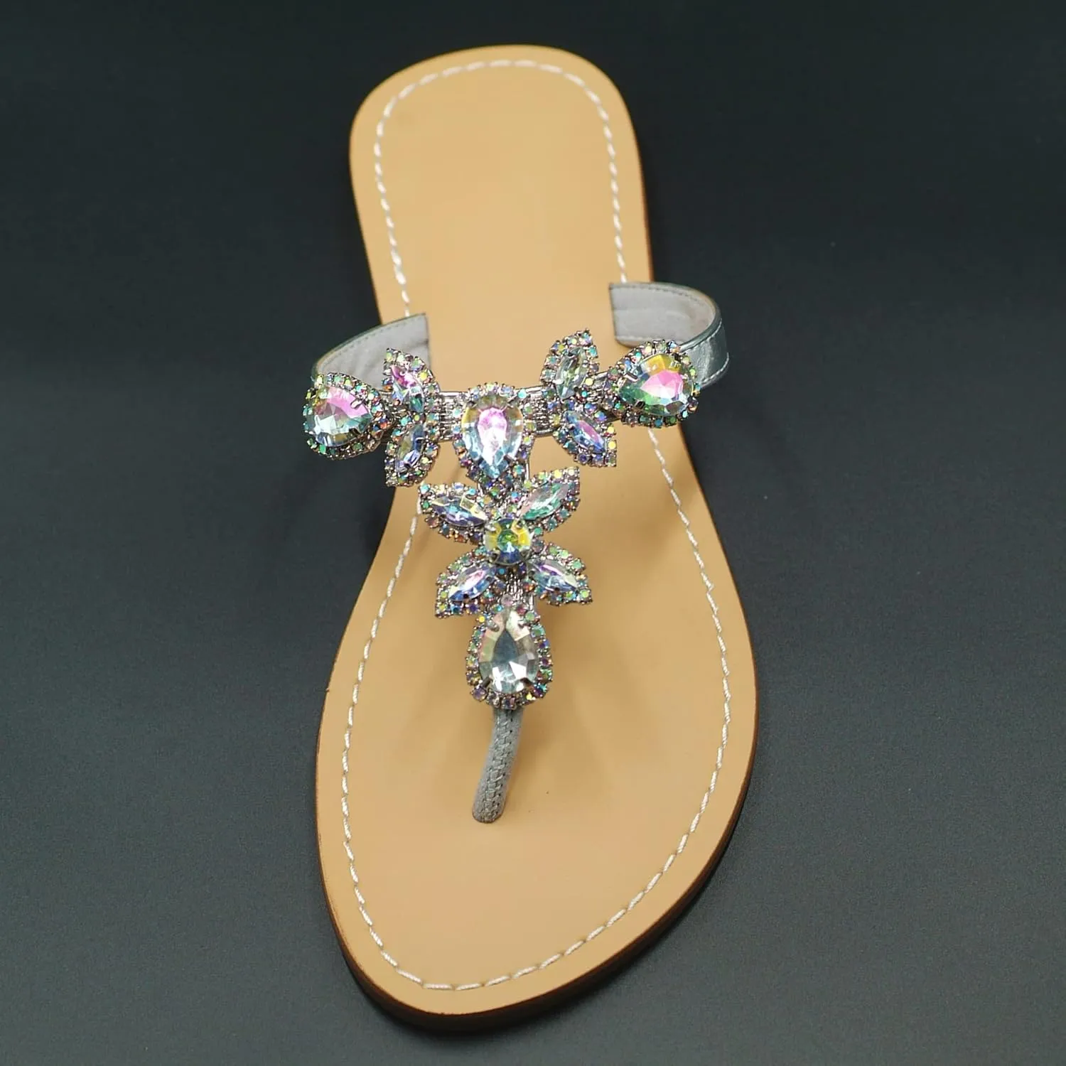 Women Sparkly Jeweled Thong Boho Sandals Bling Rhinestone Flip Flops with Crystal Diamond Flat Fancy Sandalias Gem Bohemian Beach Wedding Sandals Shoes