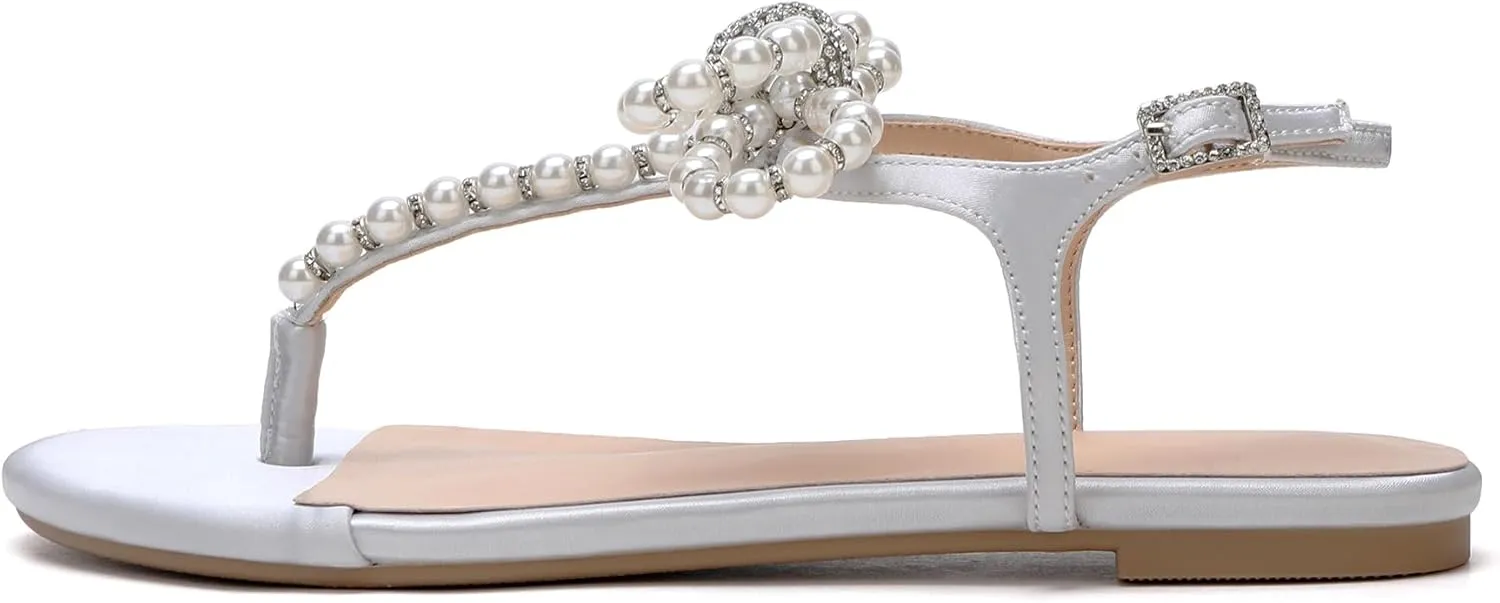 Women T-Strap Thong Sandals with Pearl Roman Style Flats with Bow,Bohemian Casual Beach Slingback Flat Sandals