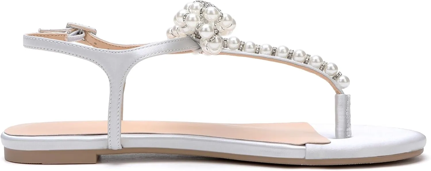 Women T-Strap Thong Sandals with Pearl Roman Style Flats with Bow,Bohemian Casual Beach Slingback Flat Sandals