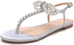 Women T-Strap Thong Sandals with Pearl Roman Style Flats with Bow,Bohemian Casual Beach Slingback Flat Sandals
