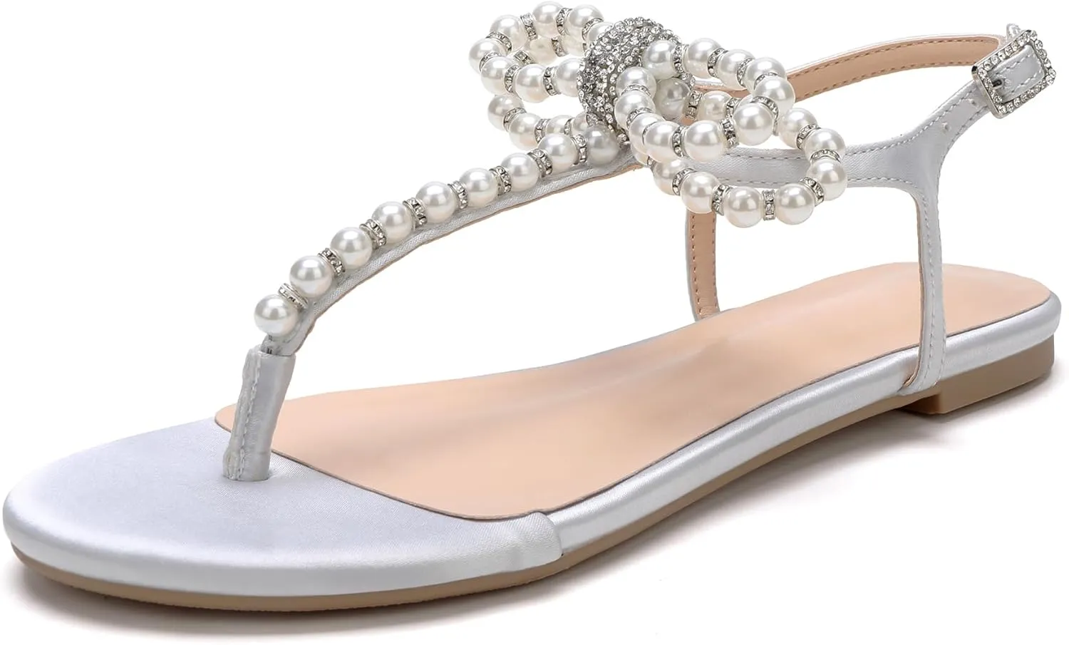 Women T-Strap Thong Sandals with Pearl Roman Style Flats with Bow,Bohemian Casual Beach Slingback Flat Sandals