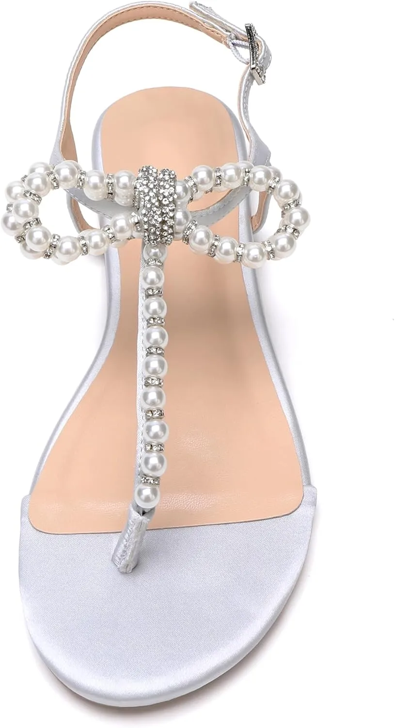 Women T-Strap Thong Sandals with Pearl Roman Style Flats with Bow,Bohemian Casual Beach Slingback Flat Sandals