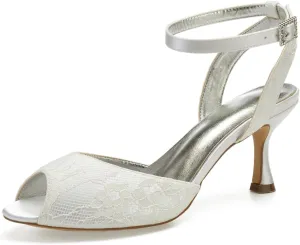 Women Toe Wedding Shoes for Bride Ankle Strap Wedding Shoes Party Prom Dress Sandals Lace Mesh Ankle Strap Wedding Dress Shoes