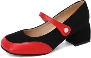 Women Vintage Mary Jane Pumps Square Toe Block Heels with Color Block