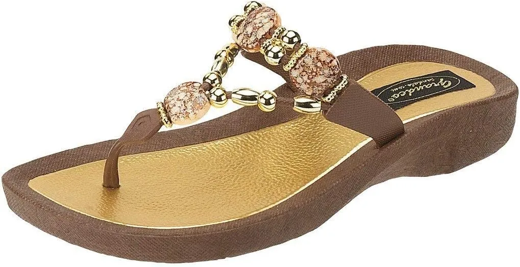 Women's 25542E Expression Beaded Waterproof Molded Sole Beach Thong Sandals Platform, Brown, 8