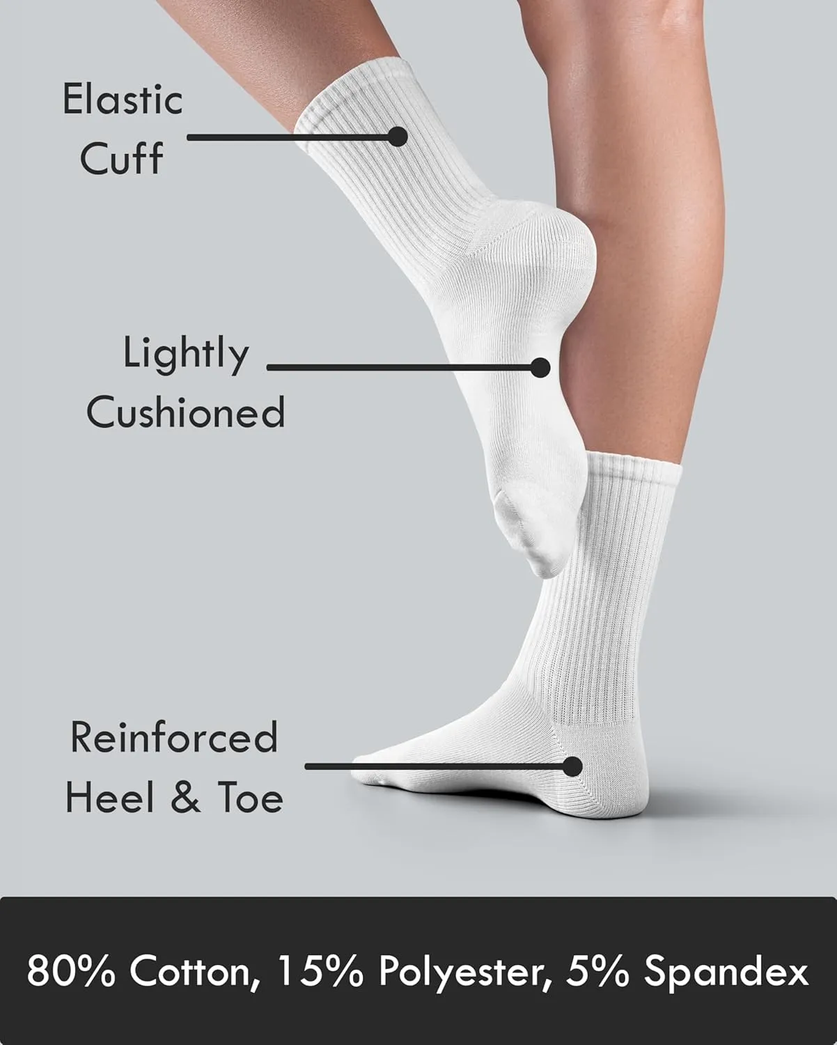 Womens 80% Cotton Crew Socks, 12 Pairs, Moisture Wicking Comfortable Premium Casual Work Sports