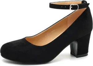 Women's Ankle Strap Closed Round Toe Pumps Low Chunky Block Heels Comfort Wedding Party Dress Evening Shoes