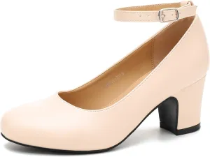 Women's Ankle Strap Closed Round Toe Pumps Low Chunky Block Heels Comfort Wedding Party Dress Evening Shoes