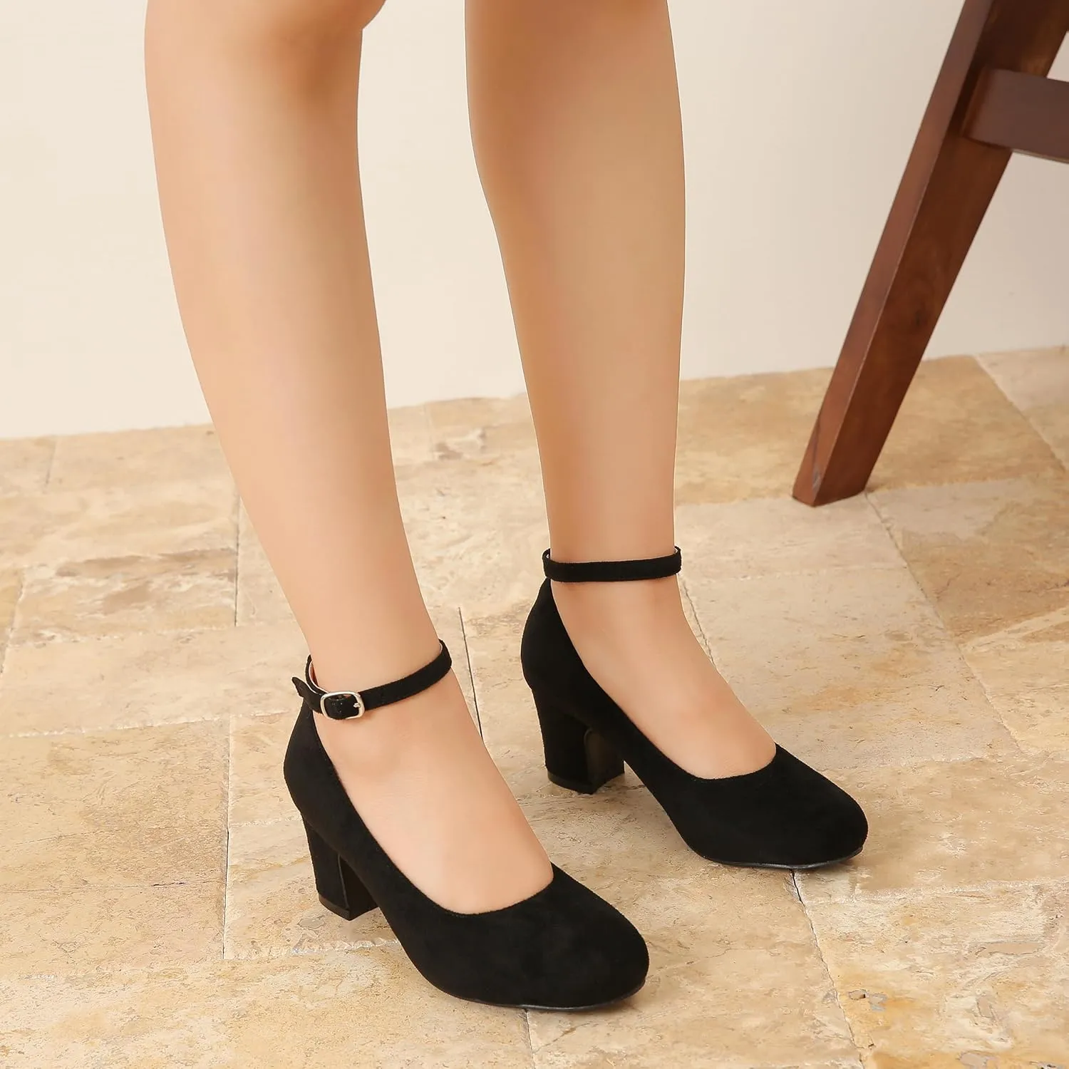 Women's Ankle Strap Closed Round Toe Pumps Low Chunky Block Heels Comfort Wedding Party Dress Evening Shoes