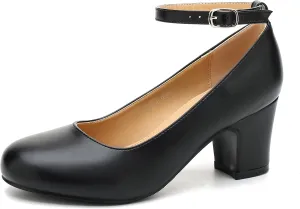 Women's Ankle Strap Closed Round Toe Pumps Low Chunky Block Heels Comfort Wedding Party Dress Evening Shoes