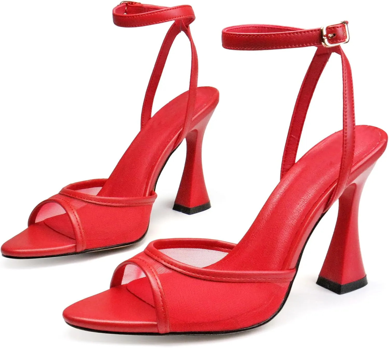 Women's Ankle Strap Fine Heeled Wedding Mesh Kitten Heels Sandals Pointed Open Toe Ankle Buckle Strap Summer Dress Shoes