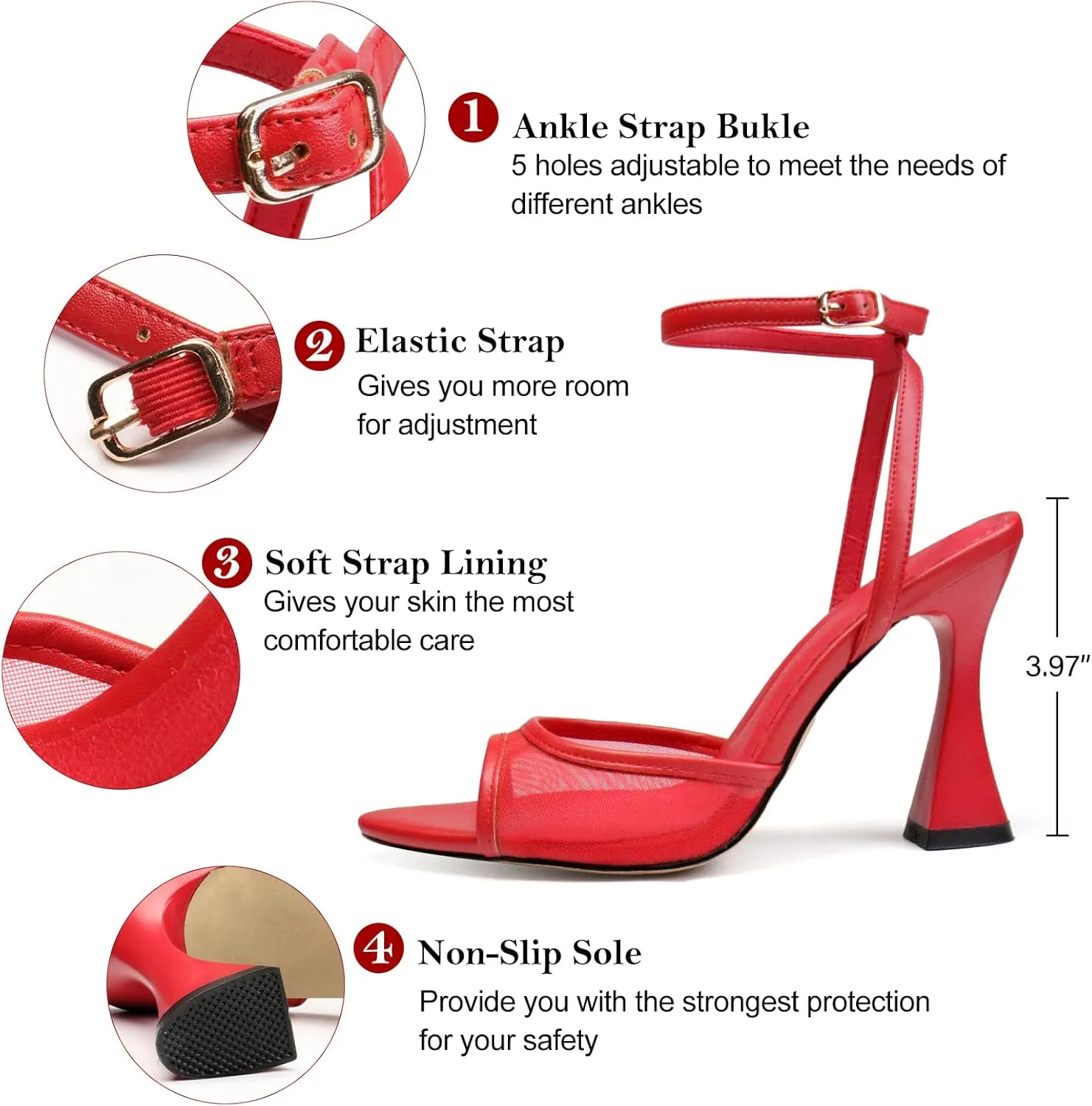 Women's Ankle Strap Fine Heeled Wedding Mesh Kitten Heels Sandals Pointed Open Toe Ankle Buckle Strap Summer Dress Shoes