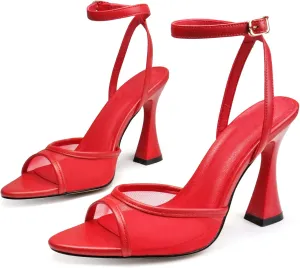 Women's Ankle Strap Fine Heeled Wedding Mesh Kitten Heels Sandals Pointed Open Toe Ankle Buckle Strap Summer Dress Shoes