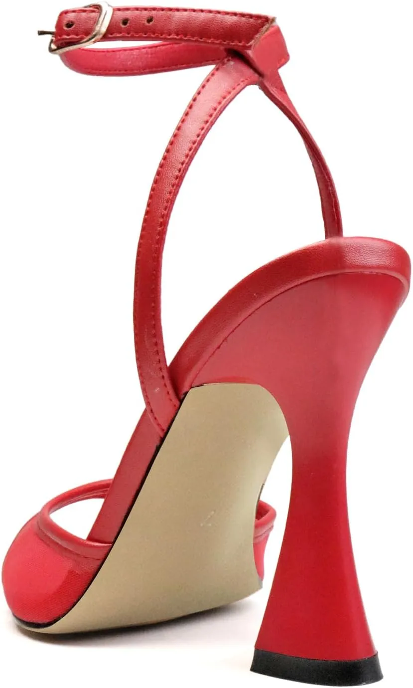 Women's Ankle Strap Fine Heeled Wedding Mesh Kitten Heels Sandals Pointed Open Toe Ankle Buckle Strap Summer Dress Shoes