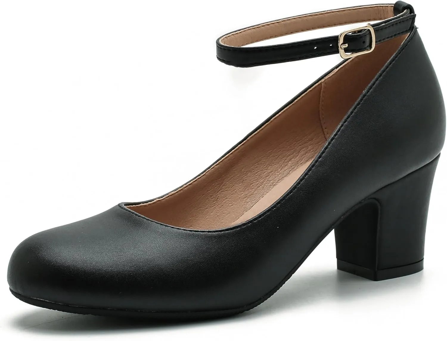 Women's Ankle Strap Low Block Chunky Heels Pumps Closed Round Toe Comfortable Dress Office Work Church Wedding Shoes