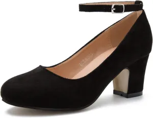 Women's Ankle Strap Low Block Chunky Heels Pumps Closed Round Toe Dress Wedding Office Work Shoes