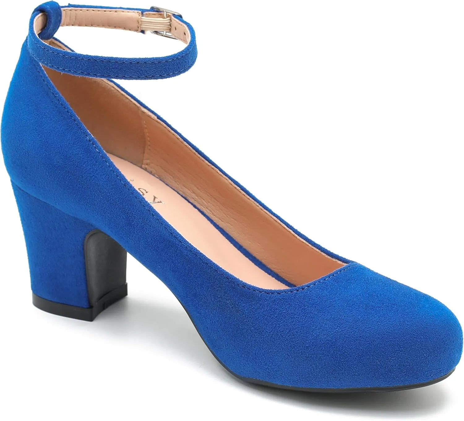 Women's Ankle Strap Low Block Chunky Heels Pumps Closed Round Toe Dress Wedding Office Work Shoes