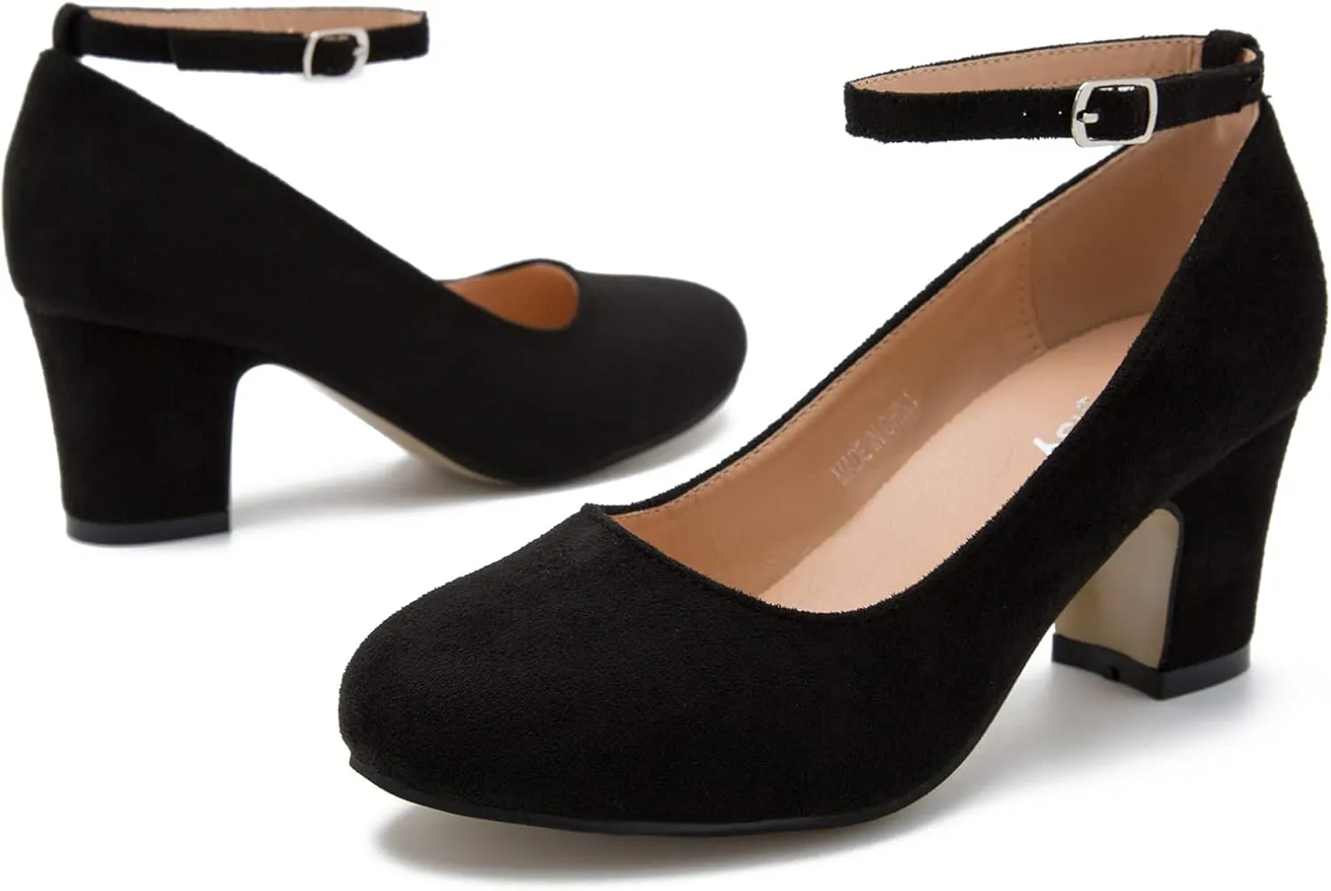 Women's Ankle Strap Low Block Chunky Heels Pumps Closed Round Toe Dress Wedding Office Work Shoes