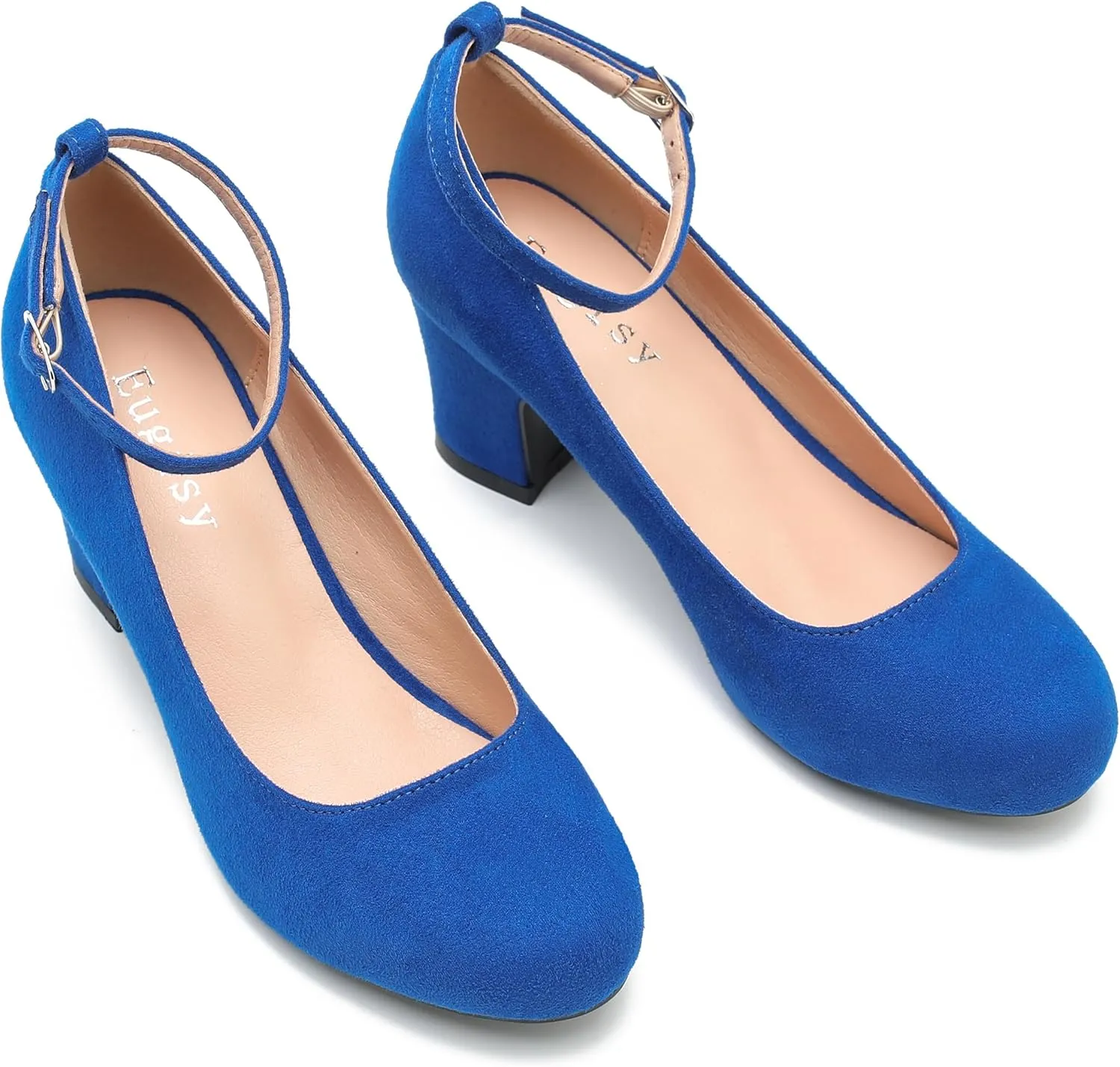 Women's Ankle Strap Low Block Chunky Heels Pumps Closed Round Toe Dress Wedding Office Work Shoes