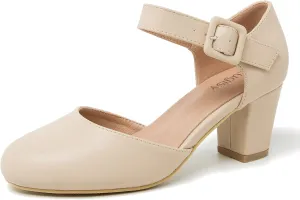 Women's Ankle Strap Pumps Closed Round Toe Buckle Low Chunky Block Heel D'Orsay Sandals Comfortable Dress Wedding Party Office Shoes