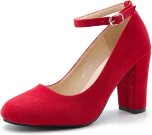 Women's Ankle Strap Pumps Closed Toe Block High Heel Round Toe Mary Jane Shoes