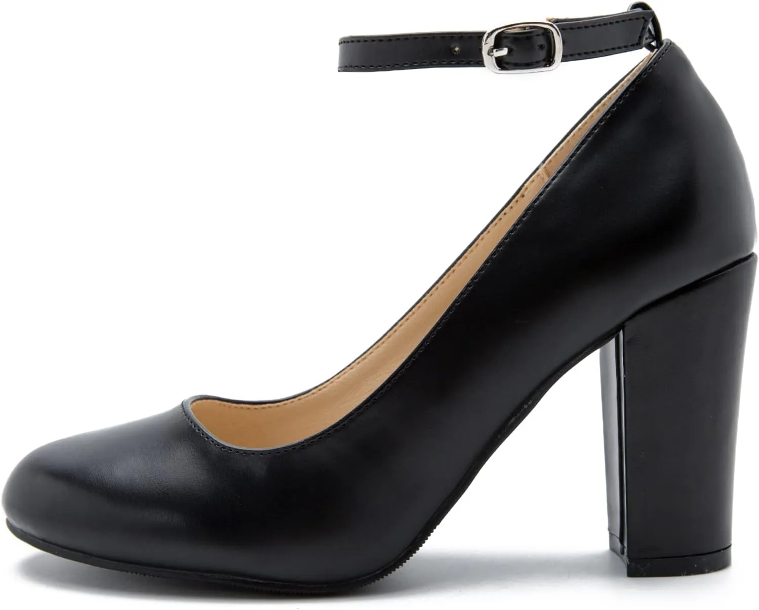 Women's Ankle Strap Pumps Closed Toe Block High Heel Round Toe Mary Jane Shoes