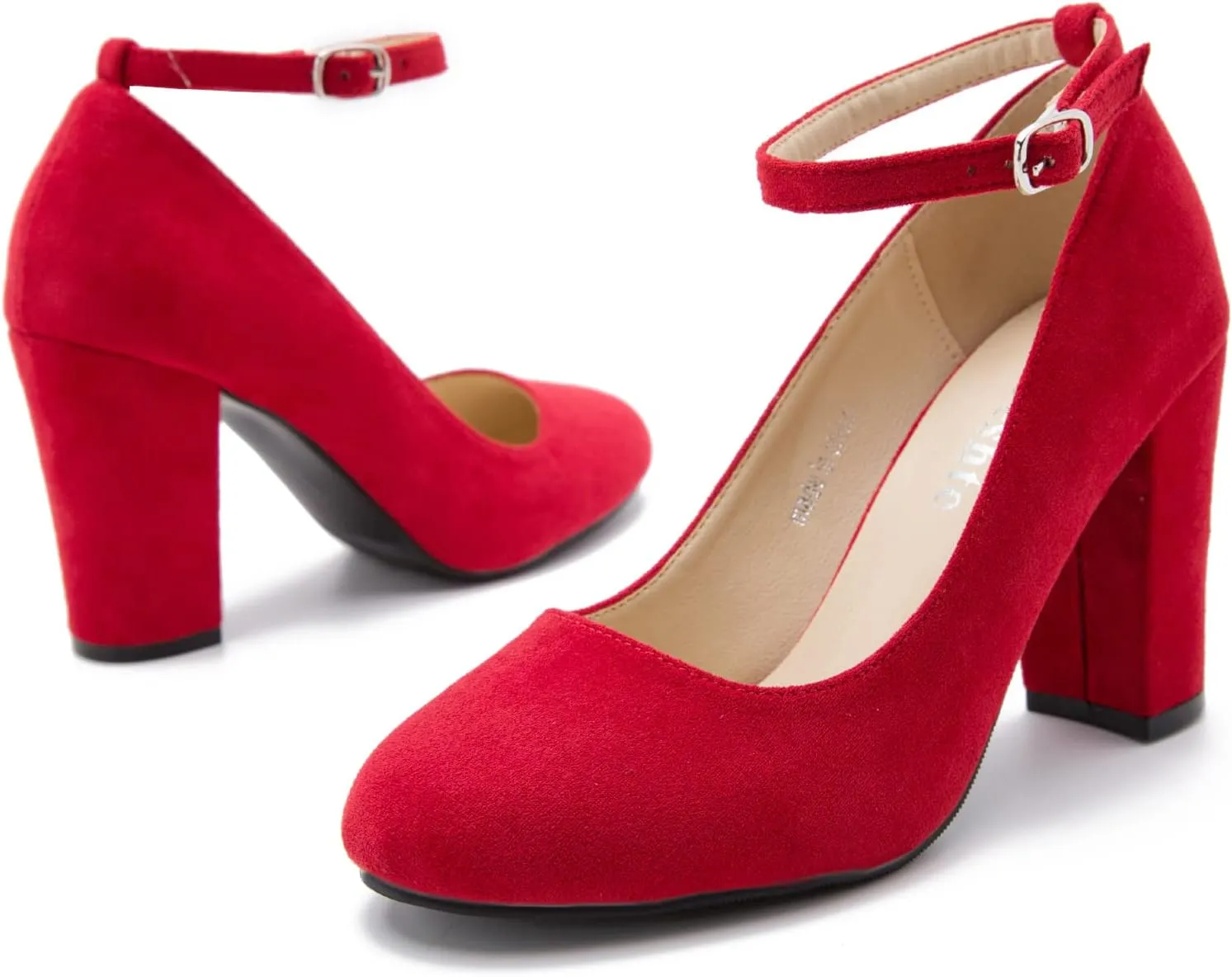 Women's Ankle Strap Pumps Closed Toe Block High Heel Round Toe Mary Jane Shoes