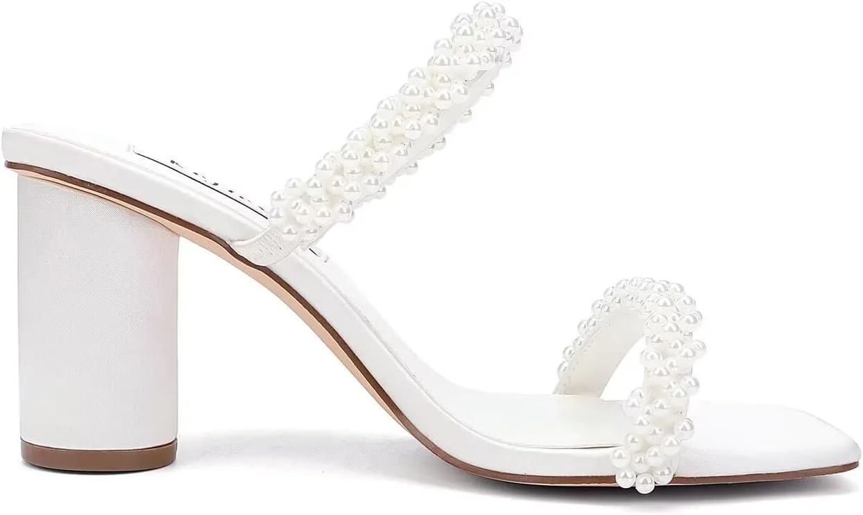 Women’s Block Heel Slip-on Sandals Two Strap Mules Wedding Party Heeled Sandals Open Toe Dress Shoes