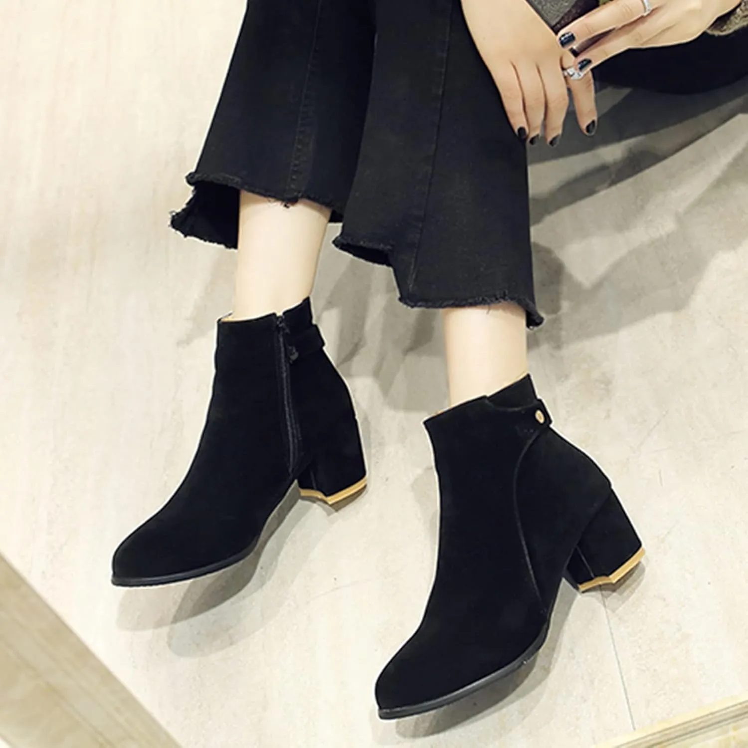 Womens Block Heels Suede Ankle Boots Classic