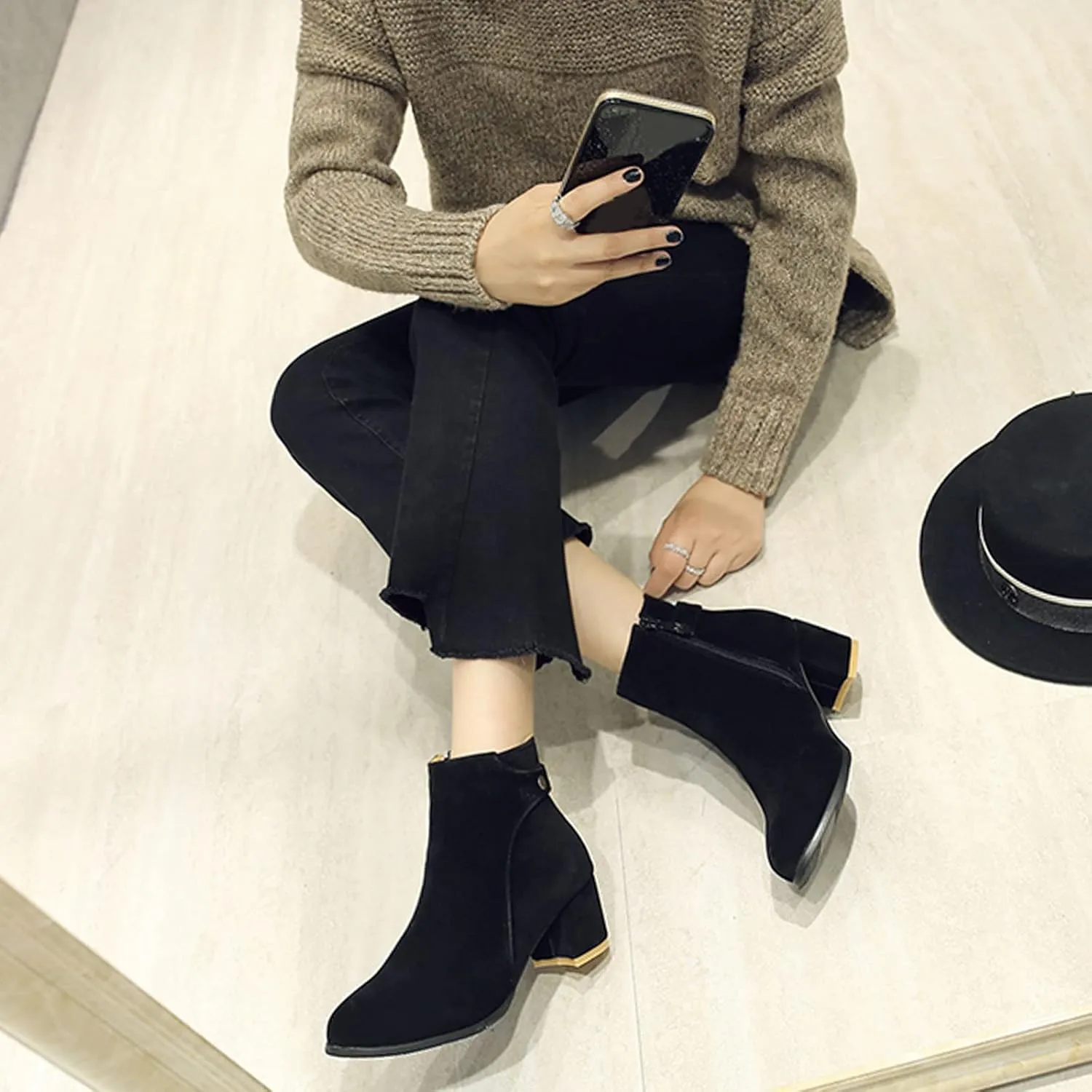 Womens Block Heels Suede Ankle Boots Classic