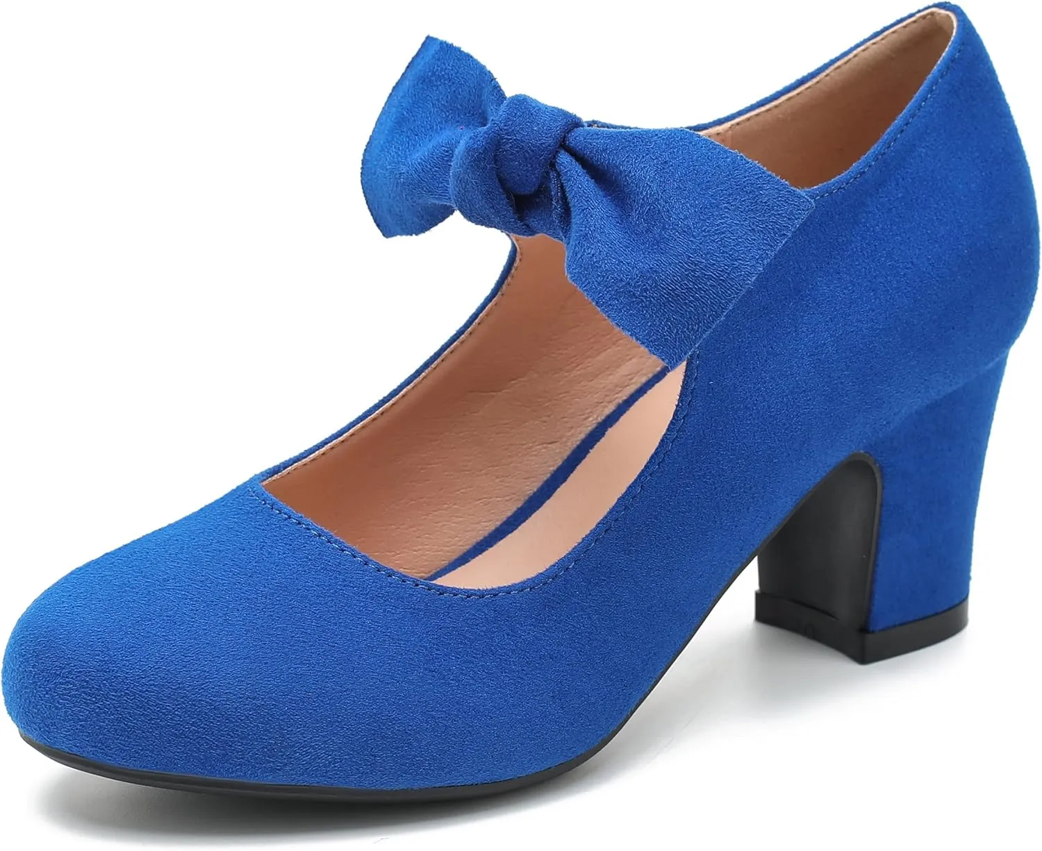 Women's Bow Mary Jane Low Block Chunky Heels Pumps Round Toe Low Heels Ankle Strap Wedding Dress Evening Party Shoes