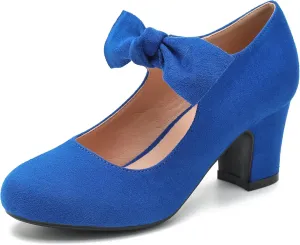 Women's Bow Mary Jane Low Block Chunky Heels Pumps Round Toe Low Heels Ankle Strap Wedding Dress Evening Party Shoes