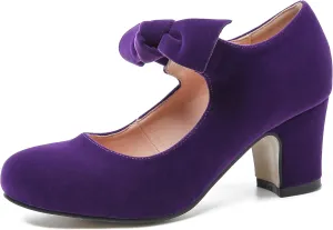 Women's Bow Mary Jane Low Block Chunky Heels Pumps Round Toe Low Heels Ankle Strap Wedding Dress Evening Party Shoes