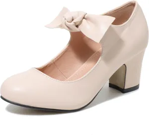 Women's Bow Mary Jane Low Block Chunky Heels Pumps Round Toe Low Heels Ankle Strap Wedding Dress Evening Party Shoes