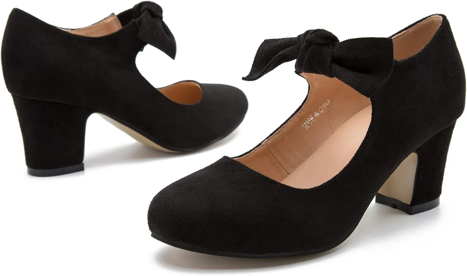 Women's Bow Mary Jane Low Block Chunky Heels Pumps Round Toe Low Heels Ankle Strap Wedding Dress Evening Party Shoes