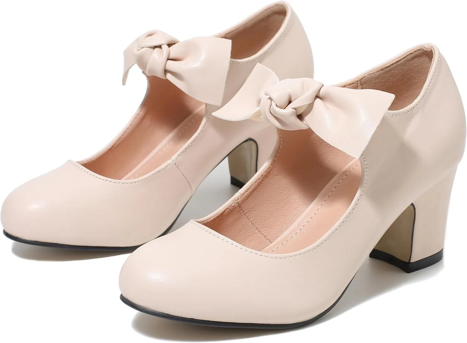 Women's Bow Mary Jane Low Block Chunky Heels Pumps Round Toe Low Heels Ankle Strap Wedding Dress Evening Party Shoes